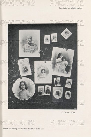 Collage of portraits of unknown men, women and children, page, photomechanical print, inscription: