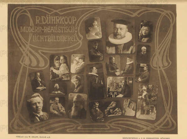 Collage of portraits of unknown men, women and children, page, photomechanical print, photographer: