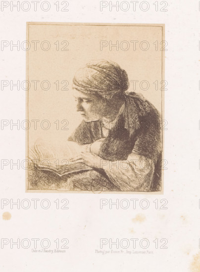 Photo reproduction of an etching of a reading woman by Rembrandt van Rijn, photograph,