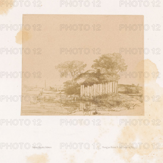 Photo reproduction of an etching of a farm with a white plank fence by Rembrandt van Rijn,