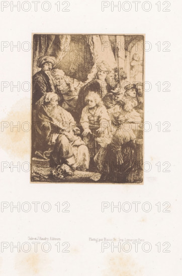 Photo reproduction of an etching of Joseph telling his dreams by Rembrandt van Rijn, photograph,