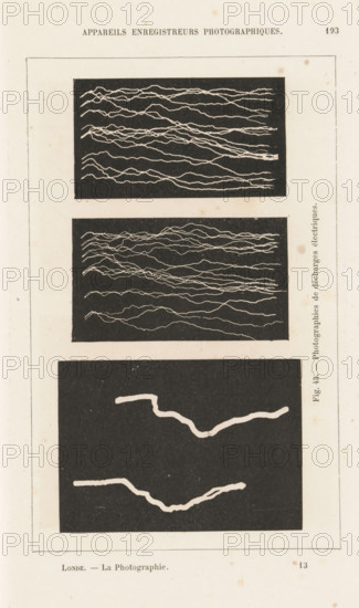 Three images of electrical discharges, page, photomechanical print, inscription: 'Fig. 43. -