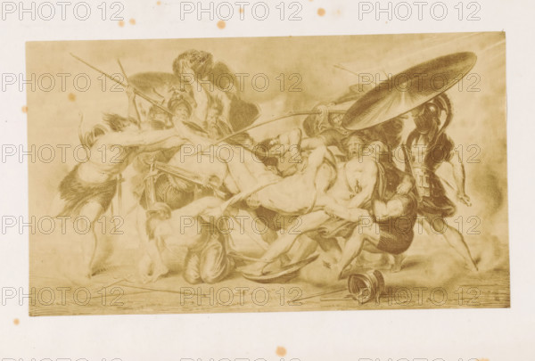 Photo reproduction of a painting of the fight over the body of Patroclus, photograph, reproduction,