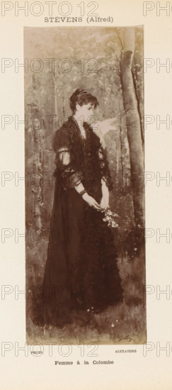 Photographic reproduction of a painting of a portrait of an unknown woman with a dove on her