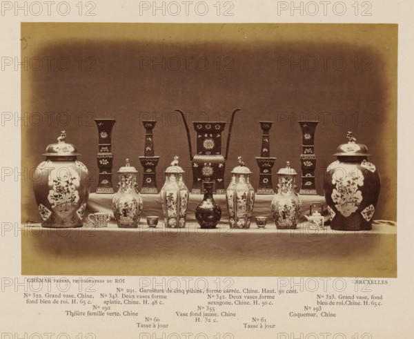 Sixteen objects, including Chinese vases, photograph, page, inscription: 'No. 322. Grand vase,