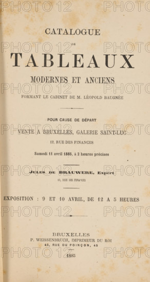 Catalogue de tableaux moderns et anciens formant le cabinet de M. Léopold Baugnée, book,