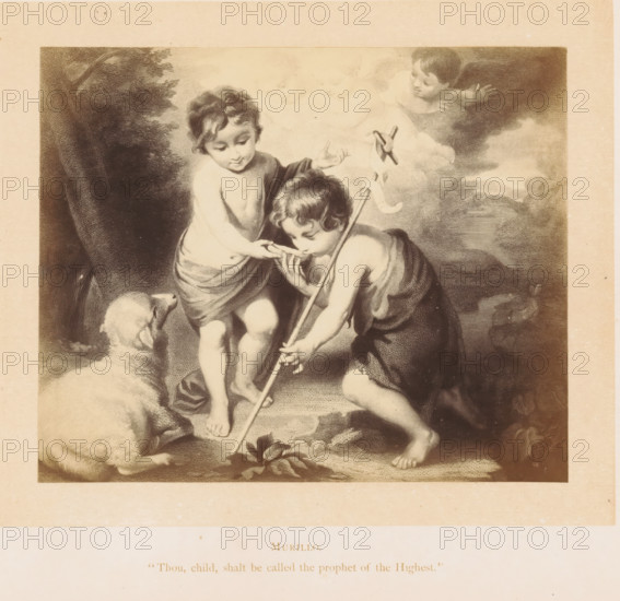 Photo reproduction of a print after a painting, depicting Christ and John the Baptist as children,