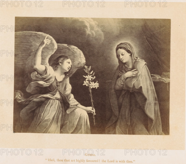 Photo reproduction of a print after a painting depicting the Annunciation, photograph,
