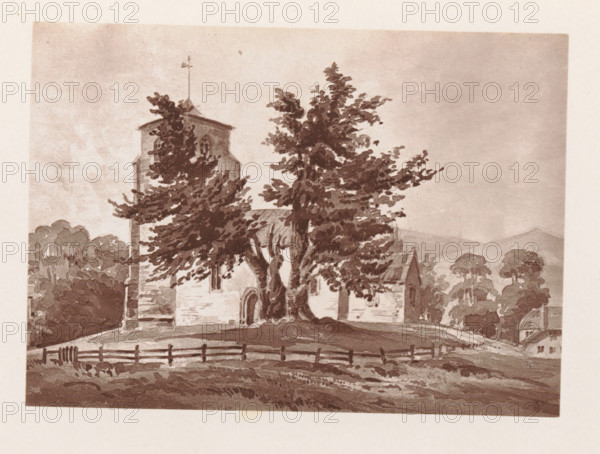 Photo reproduction of a painting depicting a view of All Saints Church at Alton Priors,