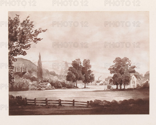 Photo reproduction of a painting depicting a view of Alton Barnes, reproduction, page,