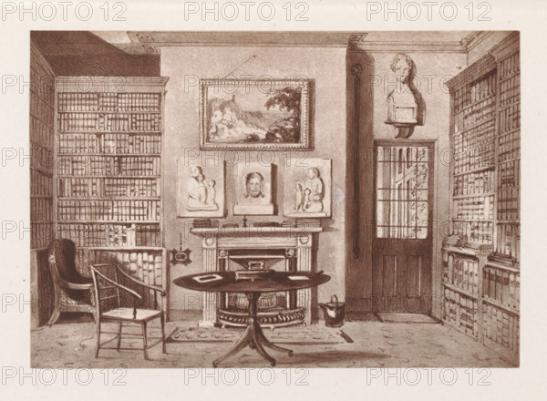 Photographic reproduction of a painting, depicting the interior of a library in the rectory of