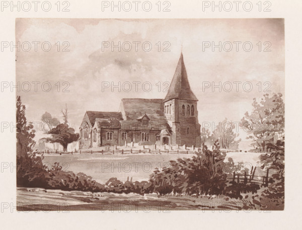 Photo reproduction of a painting depicting a view of All Saints Church at Herstmonceux,