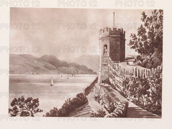 Photographic reproduction of a painting, depicting a view of a stone tower, with a lake in the