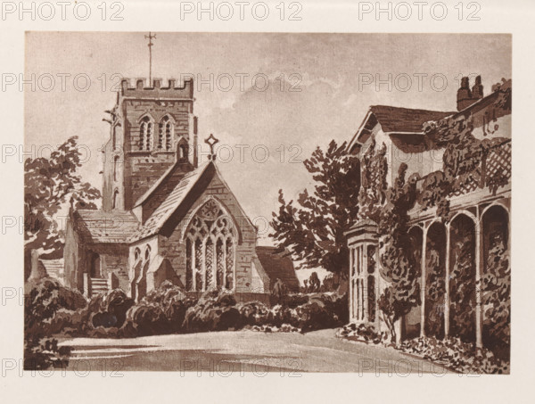 Photo reproduction of a painting depicting a view of the parsonage and Saint Mary's Church at