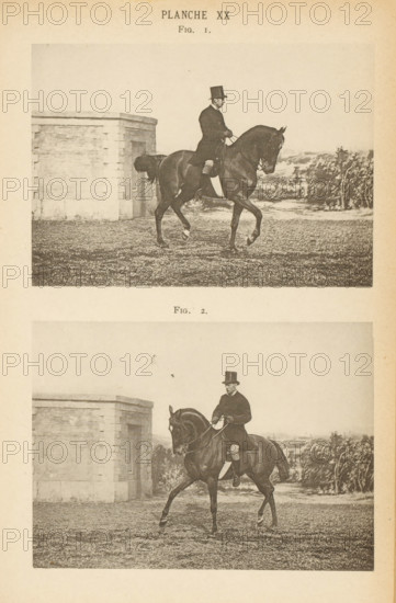Two men on horses, page, photomechanical print, number: 'Planche XX Fig. 1. Fig. 2.', maker: Jean