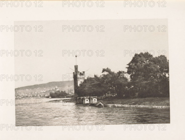 View of the Mouse Tower near Bingen am Rhein, page, photomechanical print, title: 'The Mouse Tower,
