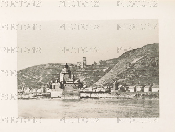 View of Kaub and Burg Pfalzgravenstein, page, photomechanical print, title: 'Caub and the Pfalz.',