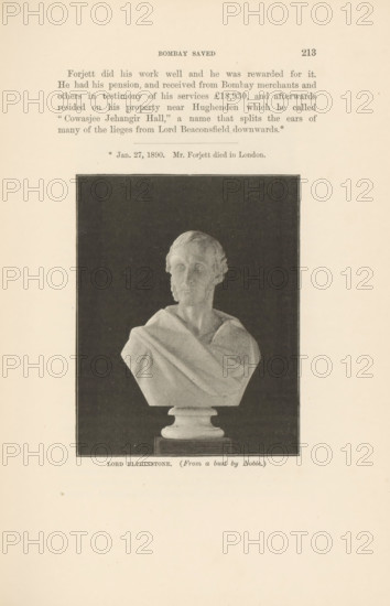 Bust of Lord Elphinstone, page, photomechanical print, caption: 'LORD ELPHINSTONE. (From a bust by