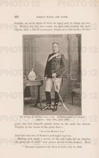 Portrait of Sir Frank H. Souter, page, photomechanical print, caption: 'SIR FRANK H. SOUTER, CSI,