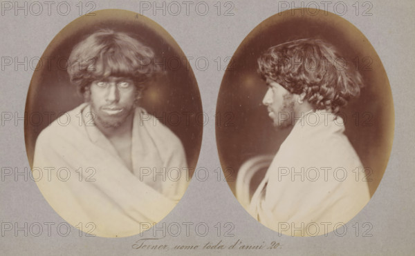 Torner, uomo toda d'anni 20, Two portraits of Torner of the Toda tribe, photograph, page,