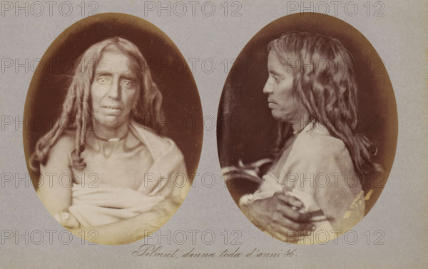 Two portraits of Pilmut of the Toda tribe, Pilmut, donna toda d'anni 46, photograph, page,
