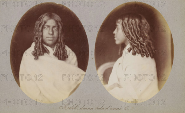 Kebili, donna toda d'anni 15, Two portraits of Kebili of the Toda tribe, photograph, page,