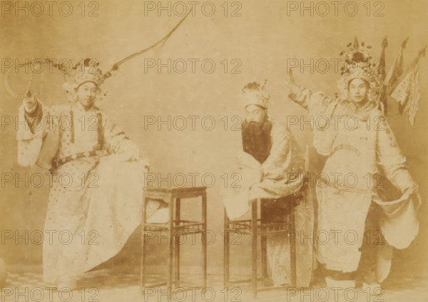 Portrait of three unknown Chinese men in theater costumes, Chinese theatrical, photograph, page,