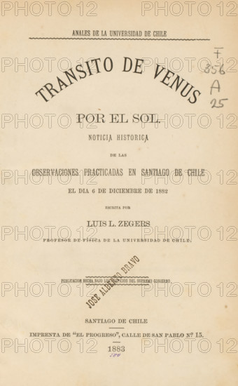 Transito de Venus por el sol, book, writer (clerical worker): Luis L. Zegers, publisher: El