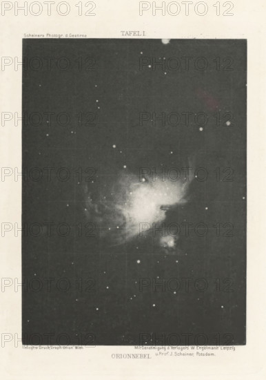 Orion Nebula, Orionnebel, page, photomechanical print, name: 'Scheiners Photogr. d. Gestirne Mit