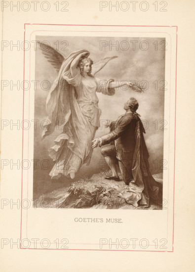 Photo reproduction of a drawing depicting Johann Wolfgang von Goethe being praised by his muse,
