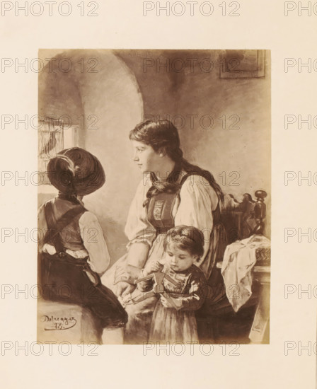 Photo reproduction of a painting, depicting a woman and two children listening to a caged bird,