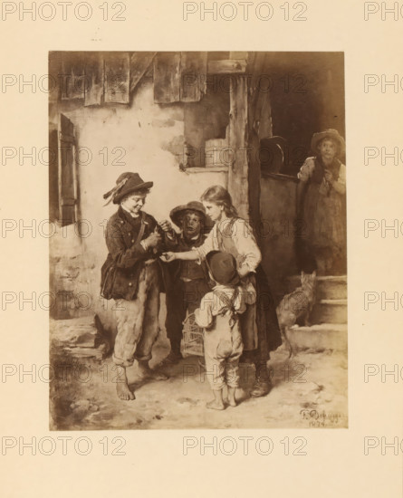 Photo reproduction of a painting, depicting children with a bird, photograph, reproduction, page,