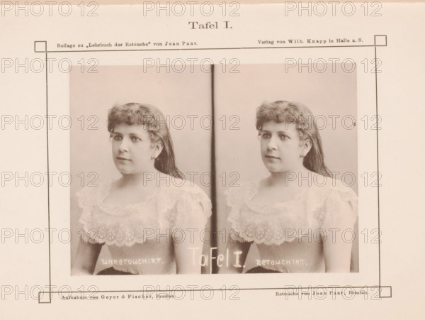 Two portraits of an unknown woman, with and without retouching, page, photomechanical print,