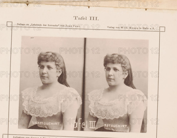 Two portraits of an unknown woman, with and without retouching, page, photomechanical print,