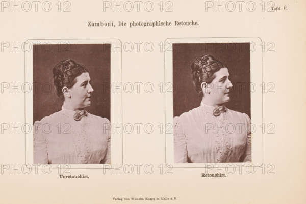 Two portraits of an unknown woman, with and without retouching, page, photomechanical print,