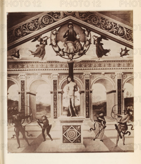 Photo reproduction of probably a fresco of Saint Sebastian, photograph, reproduction, page, Italy,