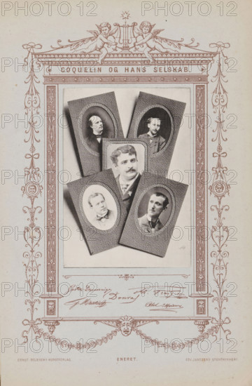 Composition of five photographs of French artists, page, photomechanical print, inscription:
