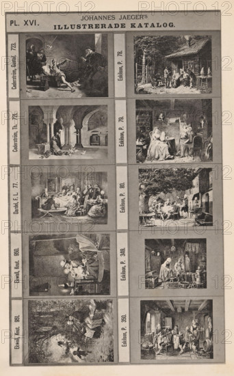 Photo reproduction of ten paintings, mainly genre scenes, Johannes Jaeger's Illustrerade Katalog,