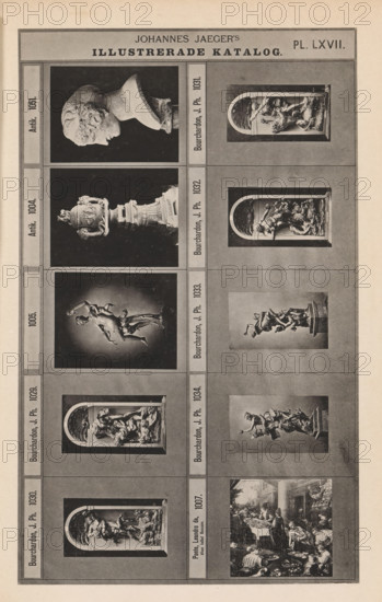 Photo reproduction of nine sculptures and a painting, Johannes Jaeger's Illustrerade Catalog,