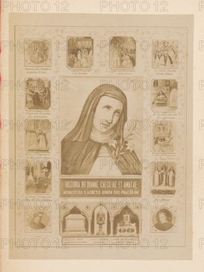 Photo reproduction of a painting, depicting a portrait and scenes from the life of Saint Diana
