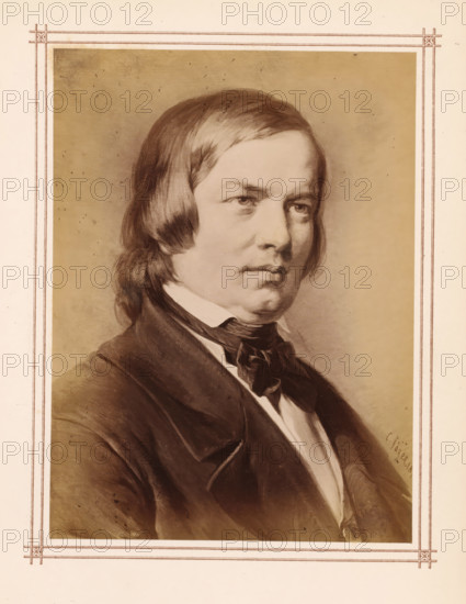 Photo reproduction of a portrait of Robert Schumann by Carl Jaeger, photograph, reproduction, page,