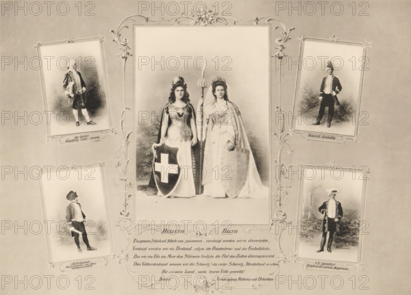 Composite group portrait of six actors in costume during the Calven-Feier in Chur, page,