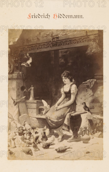 Photo reproduction of a painting by Friedrich Hiddemann, depicting a woman on a bench in a
