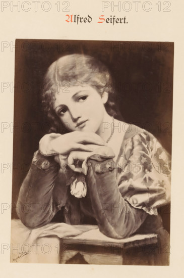 Photo reproduction of a painting by Alfred Seifert, depicting a portrait of a woman with a rose in
