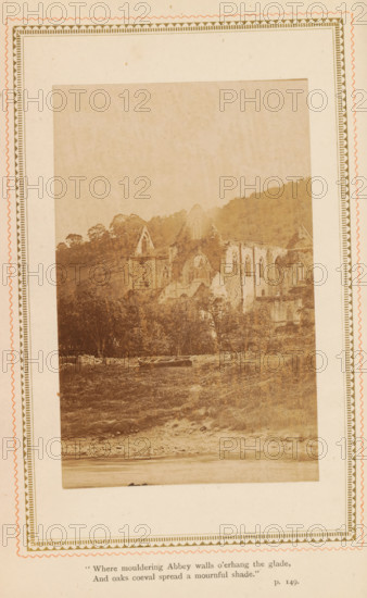 Landscape with a ruined church, photograph, page, inscription: ''Where mouldering Abbey walls