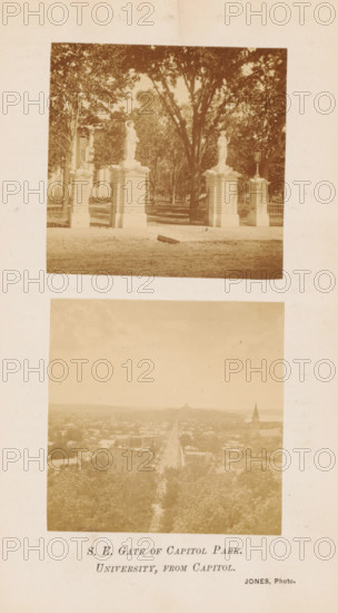 View of a gate to the park where the Wisconsin State Capitol stands and a view of Madison, SE Gate