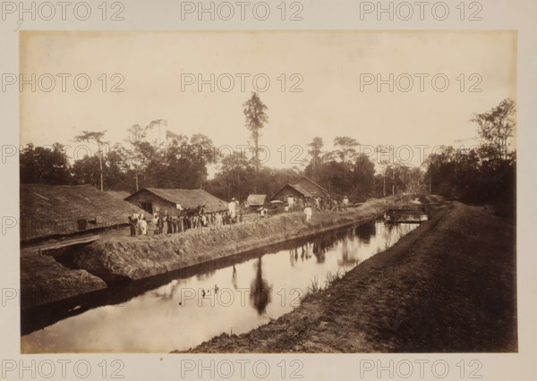 Canal at the Stabat plantation, Sumatra, album page, photograph, This photo is part of an album.,