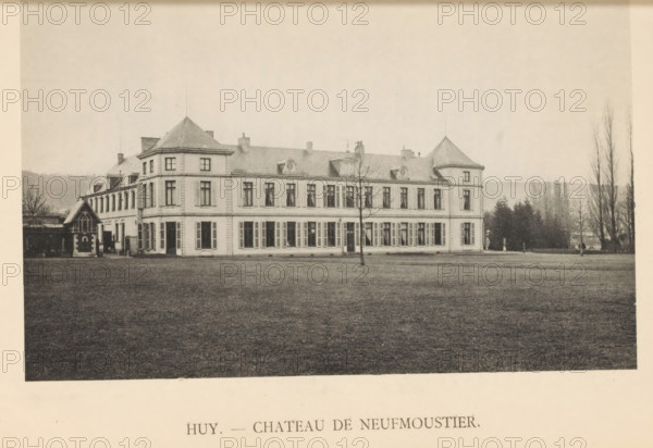 Huy. - Chateau de Neufmoustier, View of the castle of Neufmoustier, page, photomechanical print,
