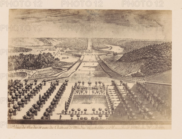 Photo reproduction of a design of a view of the garden and park of the Château de Meudon,
