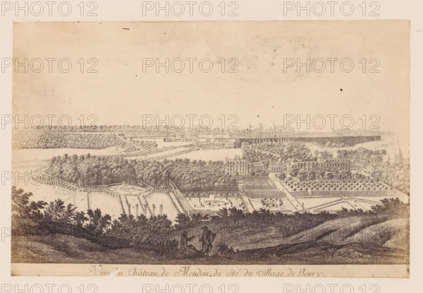 Photo reproduction of a design of a view of the Château de Meudon, seen from the side of the